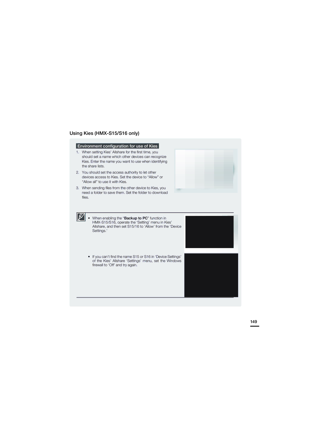 Samsung HMX-S15BN, HMX-S16BN, HMX-S10BN user manual Environment conﬁguration for use of Kies, 149 