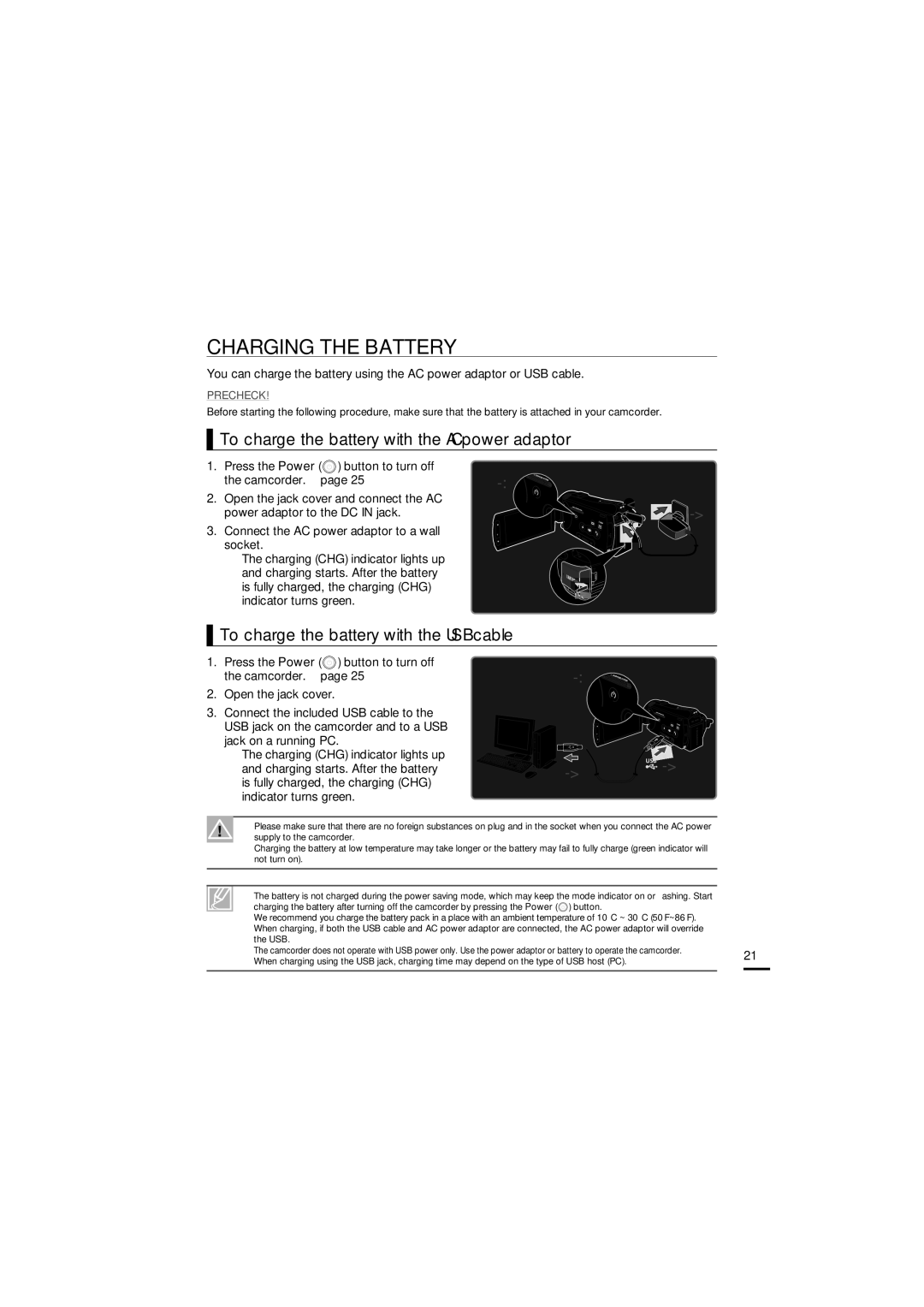 Samsung HMX-S16BN, HMX-S15BN, HMX-S10BN user manual Charging the Battery, To charge the battery with the AC power adaptor 