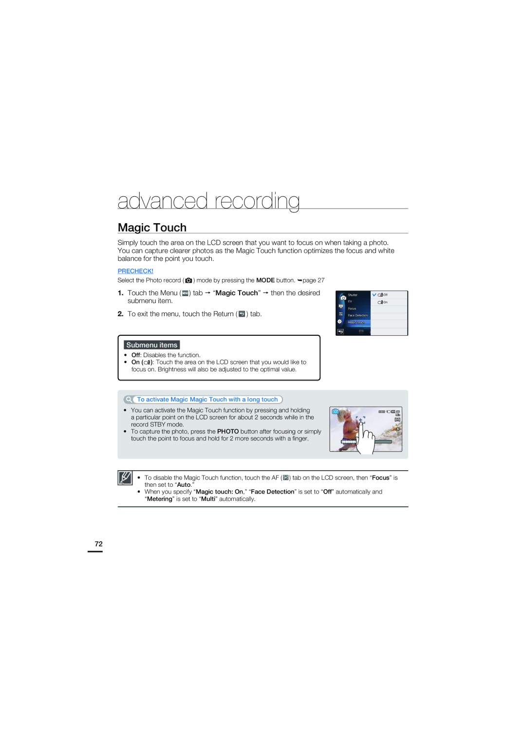 Samsung HMX-S16BN, HMX-S15BN, HMX-S10BN user manual Magic Touch, Off Disables the function 