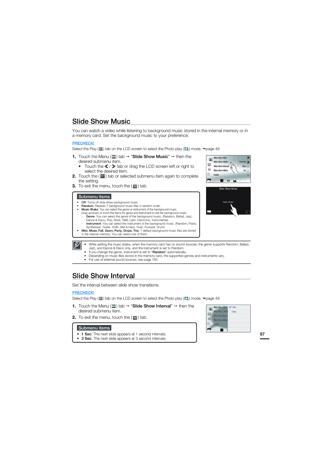 Samsung HMX-S16BN, HMX-S15BN Slide Show Music, Slide Show Interval, Set the interval between slide show transitions 