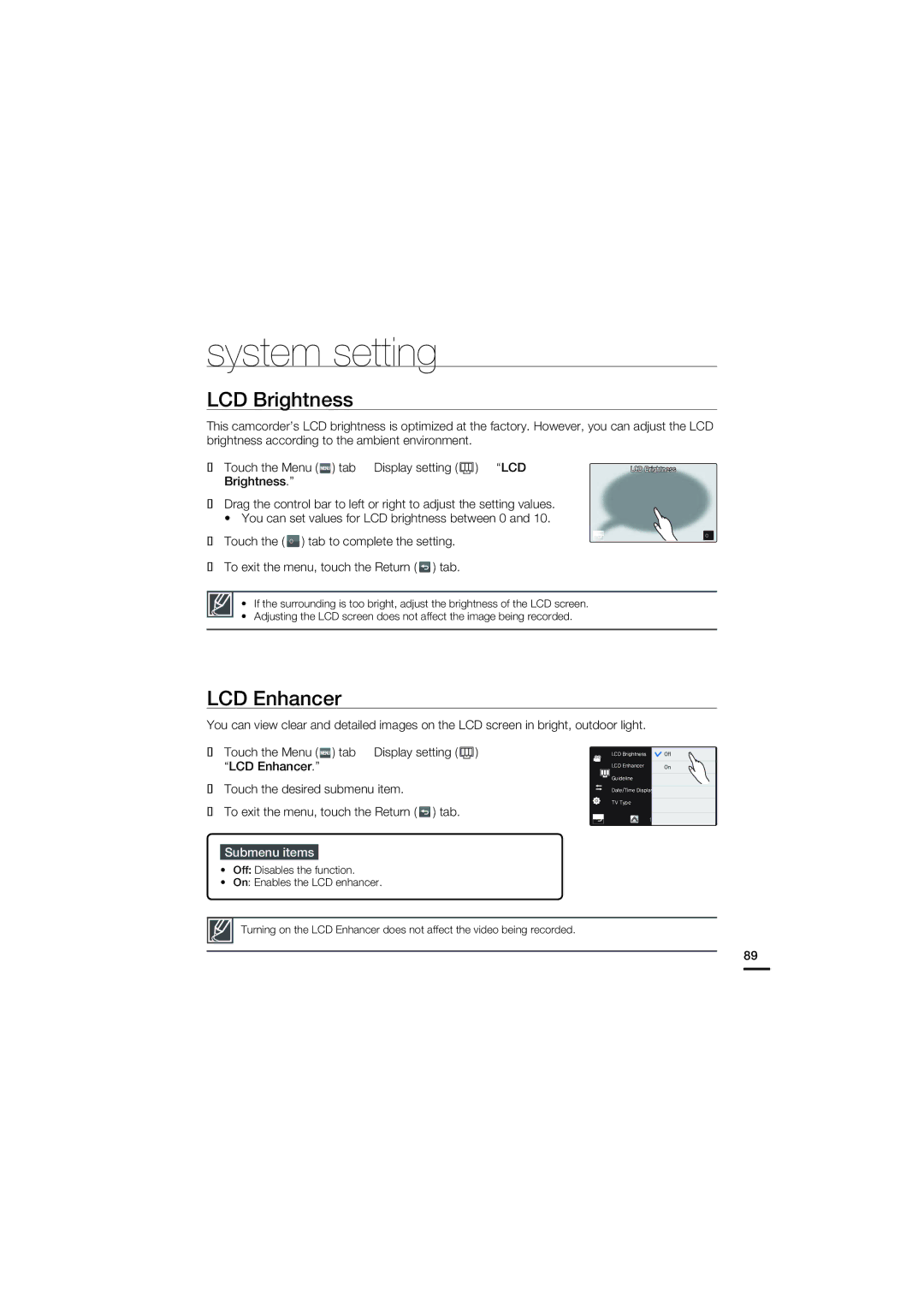 Samsung HMX-S15BN System setting, LCD Brightness, LCD Enhancer, Off Disables the function On Enables the LCD enhancer 