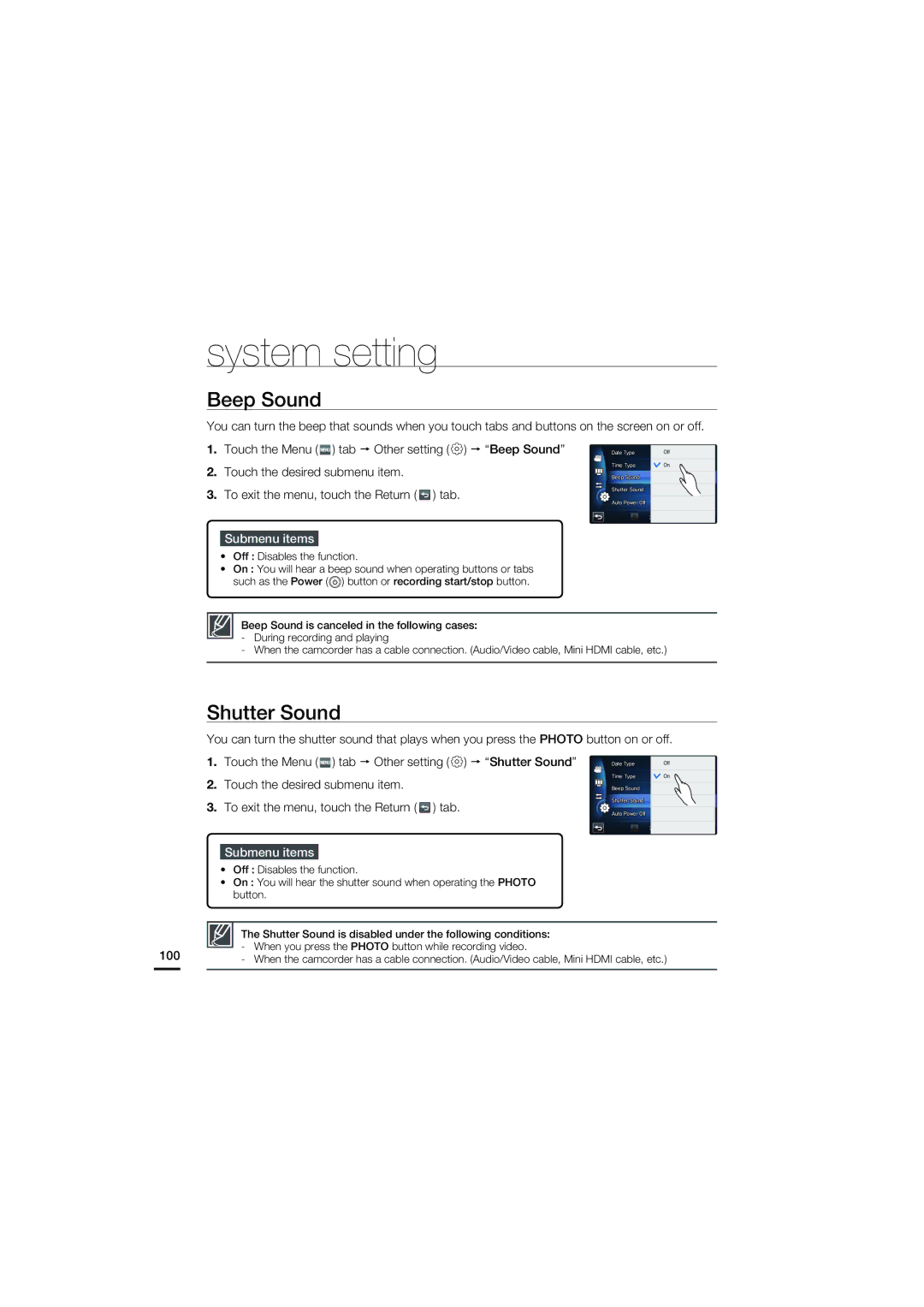 Samsung HMX-S15BN/XAA, HMX-S10BN/XAA manual Beep Sound, Shutter Sound 