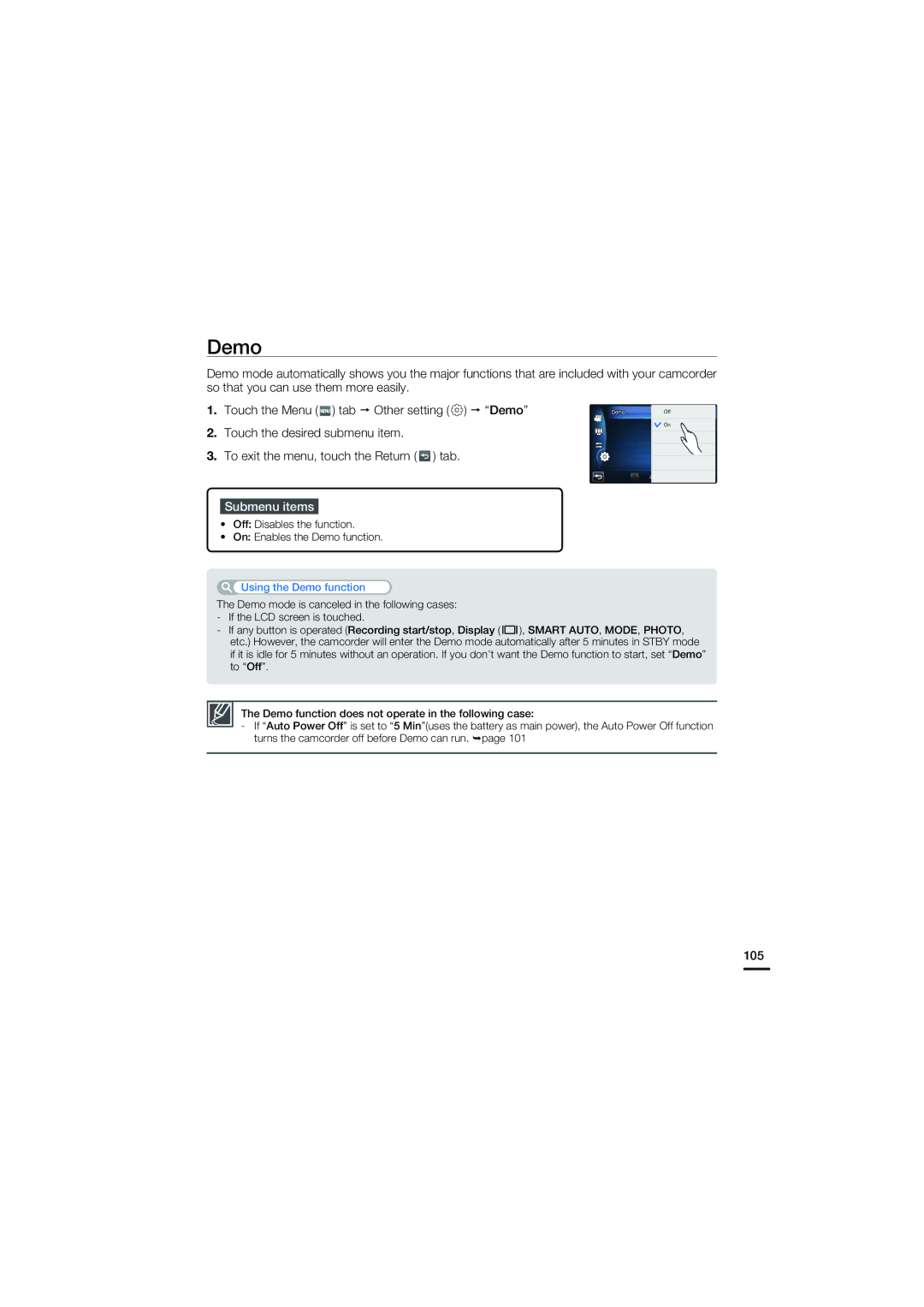 Samsung HMX-S10BN/XAA, HMX-S15BN/XAA manual Demo, 105 