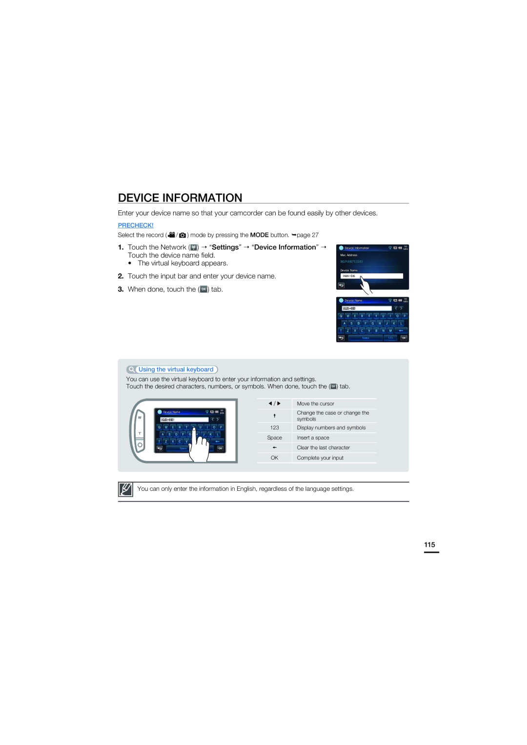 Samsung HMX-S10BN/XAA, HMX-S15BN/XAA manual Device Information, 115 