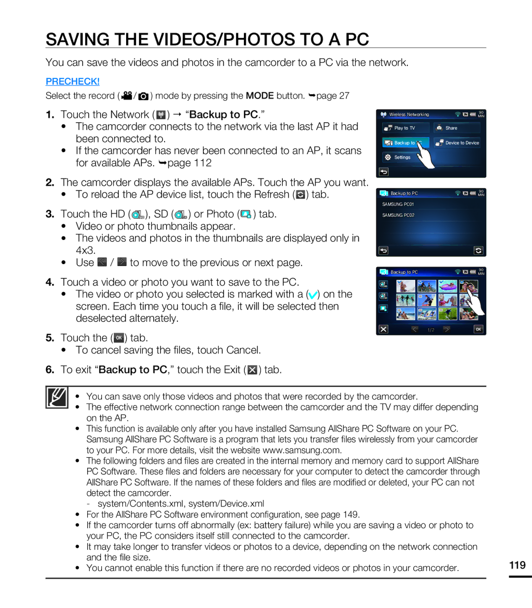 Samsung HMX-S10BN/XAA, HMX-S15BN/XAA manual Saving the VIDEOS/PHOTOS to a PC 