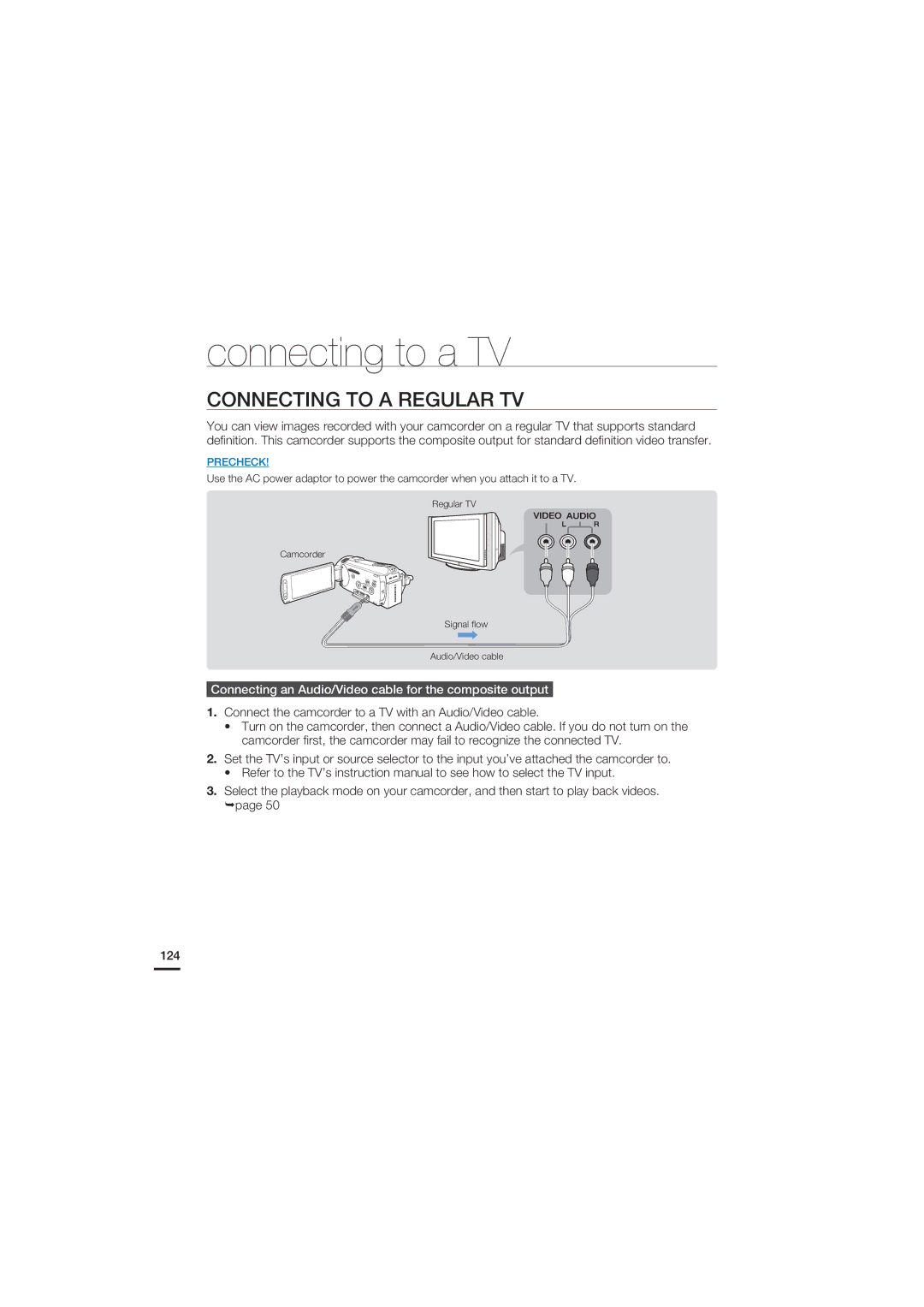 Samsung HMX-S15BN/XAA, HMX-S10BN/XAA Connecting to a Regular TV, Connecting an Audio/Video cable for the composite output 