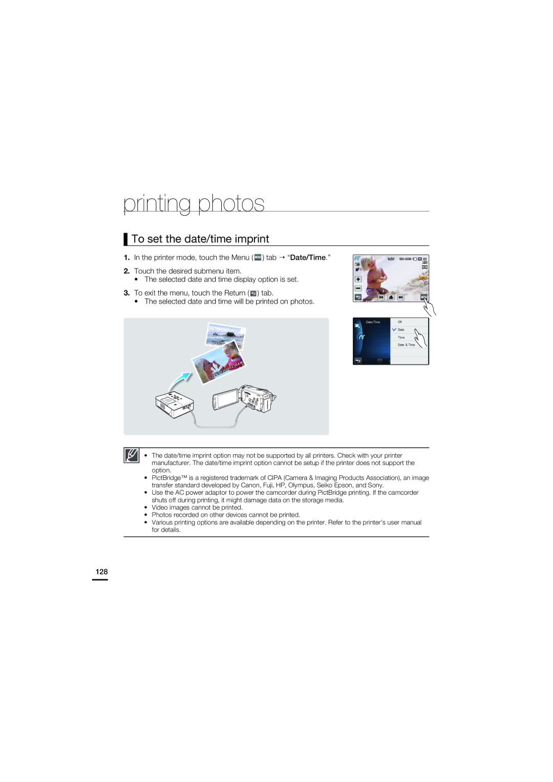 Samsung HMX-S15BN/XAA, HMX-S10BN/XAA manual To set the date/time imprint, Printer mode, touch the Menu tab Date/Time, 128 