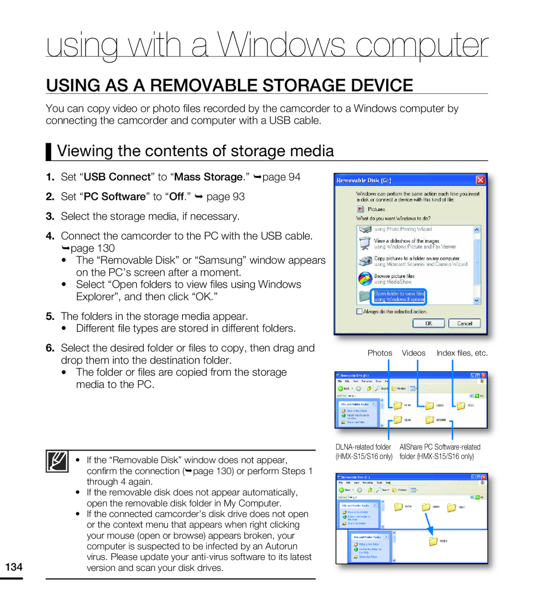 Samsung HMX-S15BN/XAA, HMX-S10BN/XAA manual Using AS a Removable Storage Device 