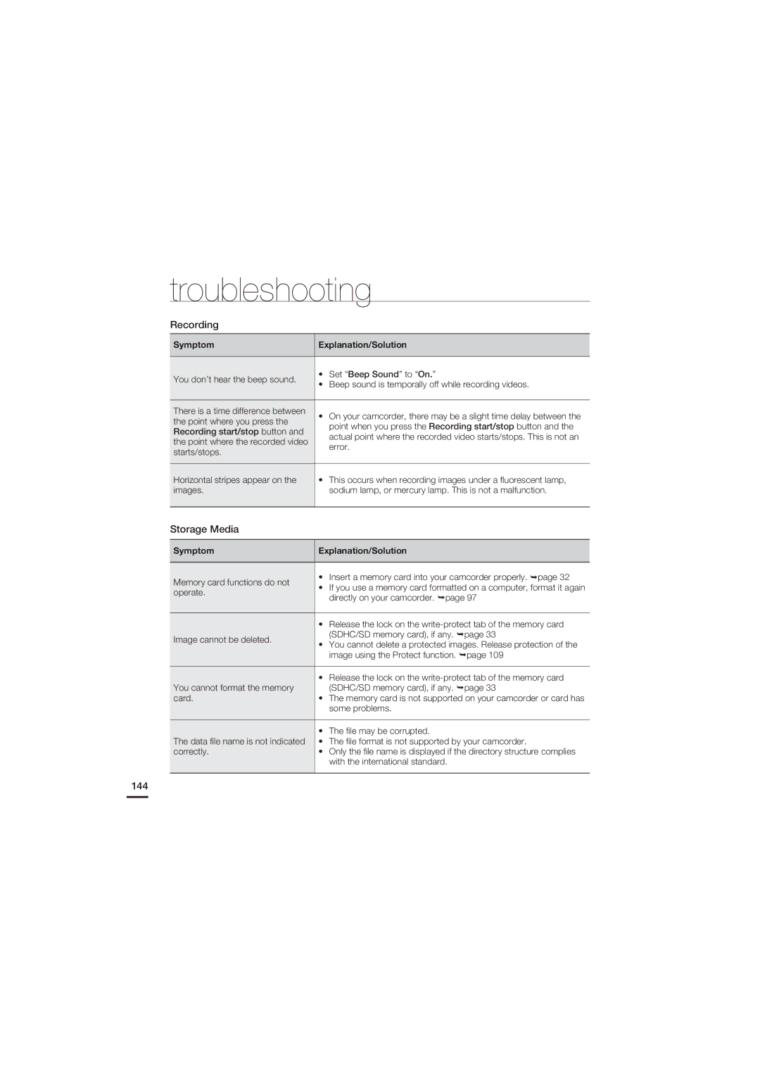 Samsung HMX-S15BN/XAA, HMX-S10BN/XAA manual Storage Media, 144 