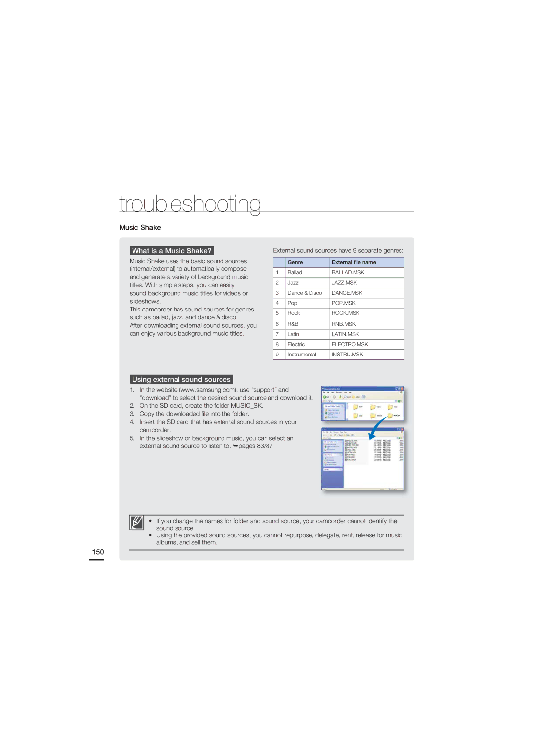 Samsung HMX-S15BN/XAA, HMX-S10BN/XAA manual What is a Music Shake?, Using external sound sources, 150 