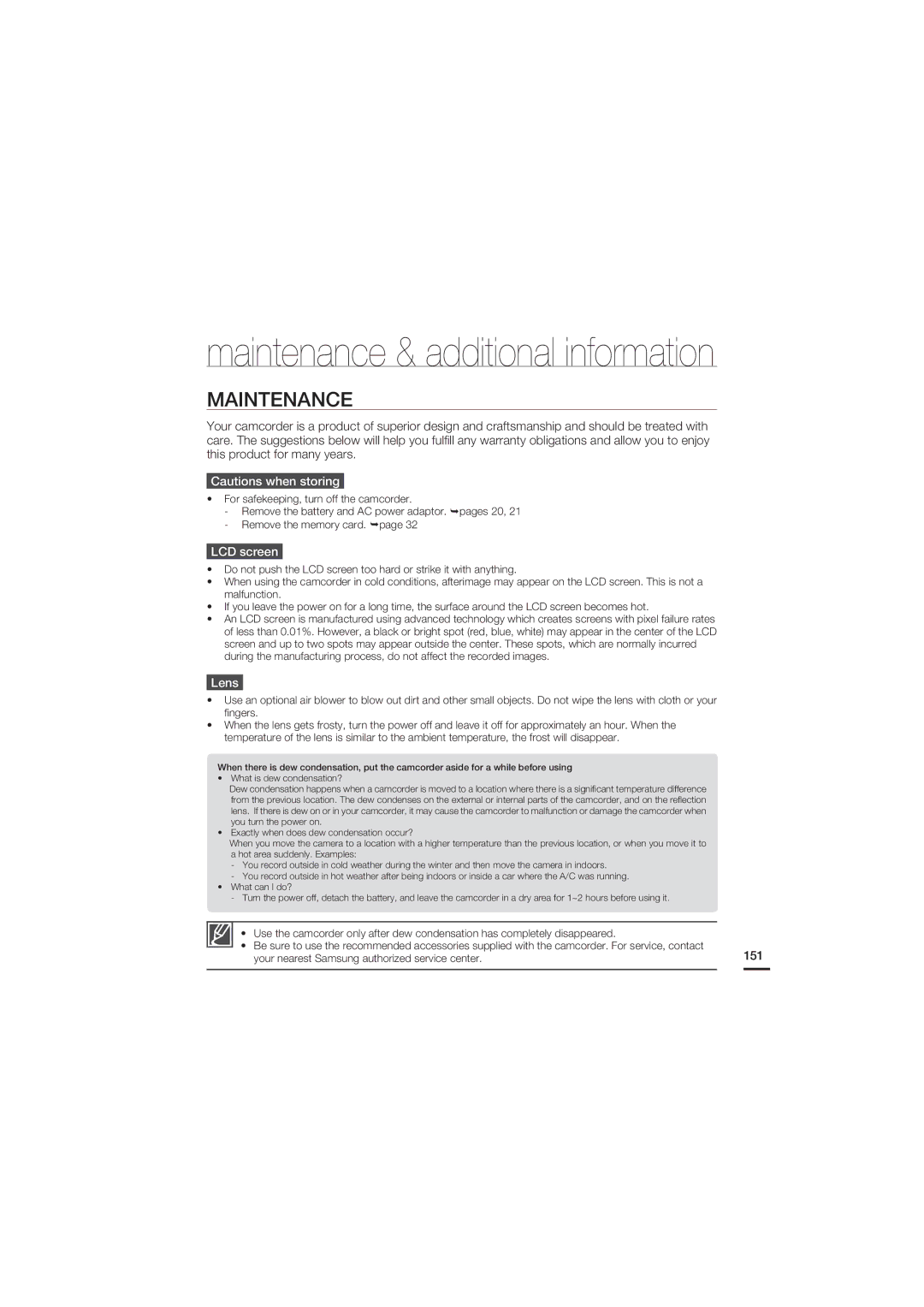 Samsung HMX-S10BN/XAA, HMX-S15BN/XAA manual Maintenance, LCD screen, Lens, 151 