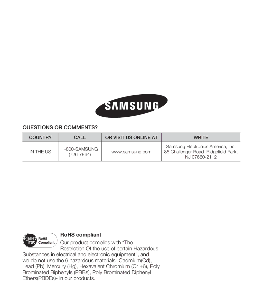 Samsung HMX-S15BN/XAA, HMX-S10BN/XAA manual RoHS compliant 