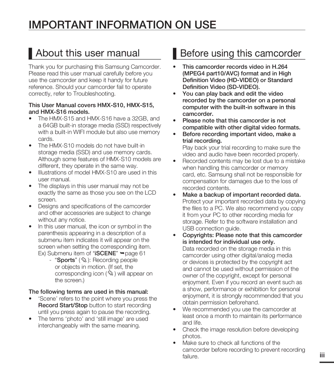 Samsung HMX-S10BN/XAA, HMX-S15BN/XAA manual Important Information on USE 