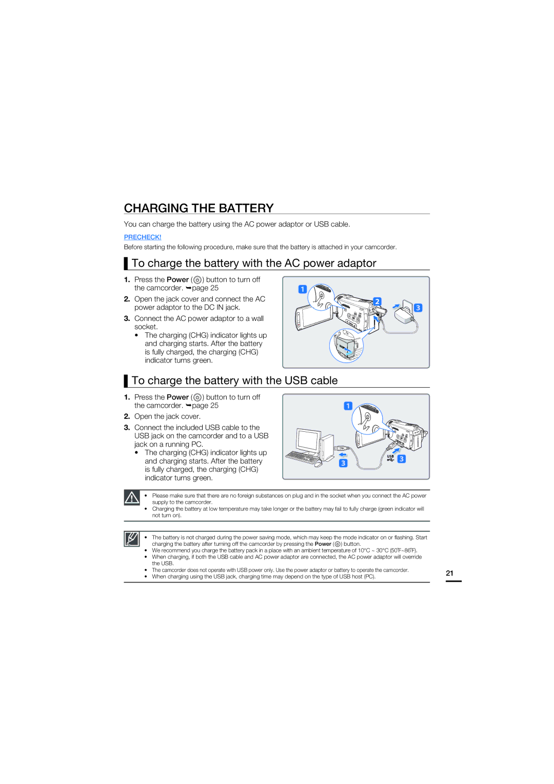 Samsung HMX-S10BN/XAA, HMX-S15BN/XAA manual Charging the Battery, To charge the battery with the AC power adaptor 