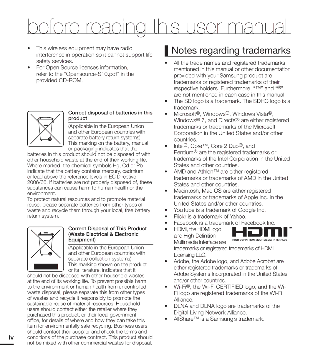 Samsung HMX-S15BN/XAA, HMX-S10BN/XAA manual Separate collection systems 