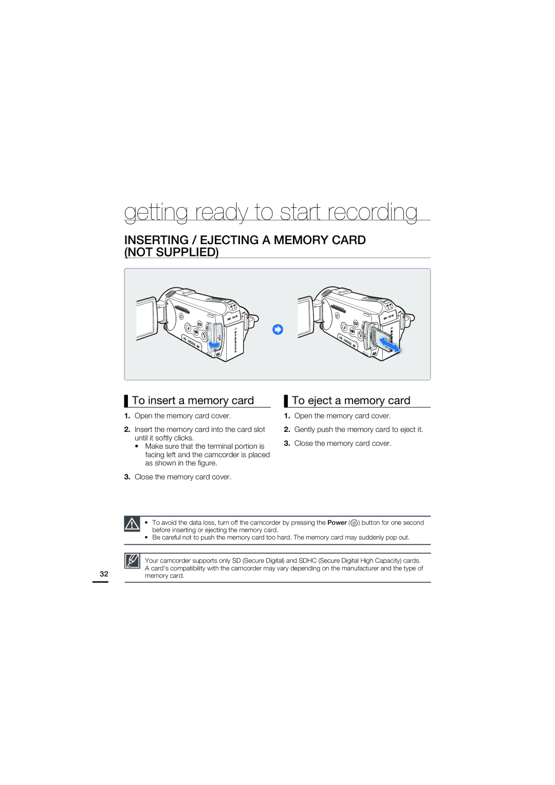 Samsung HMX-S15BN/XAA Inserting / Ejecting a Memory Card not Supplied, To insert a memory card, To eject a memory card 