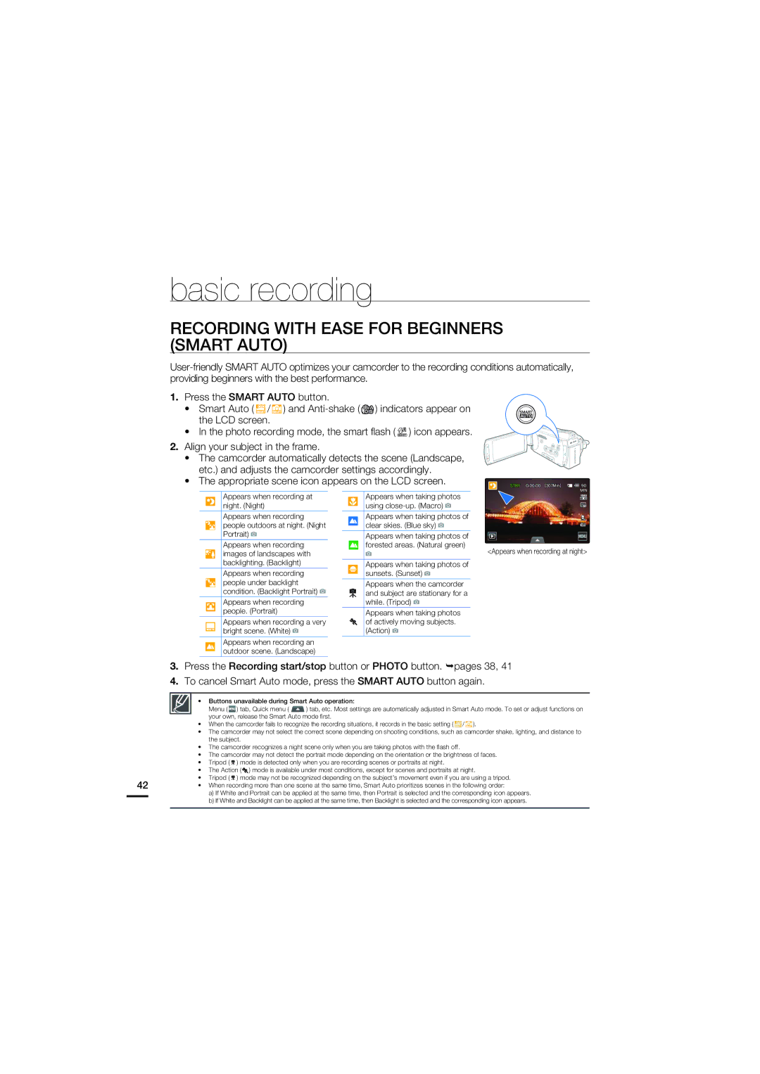 Samsung HMX-S15BN/XAA manual Recording with Ease for Beginners Smart Auto, Appropriate scene icon appears on the LCD screen 