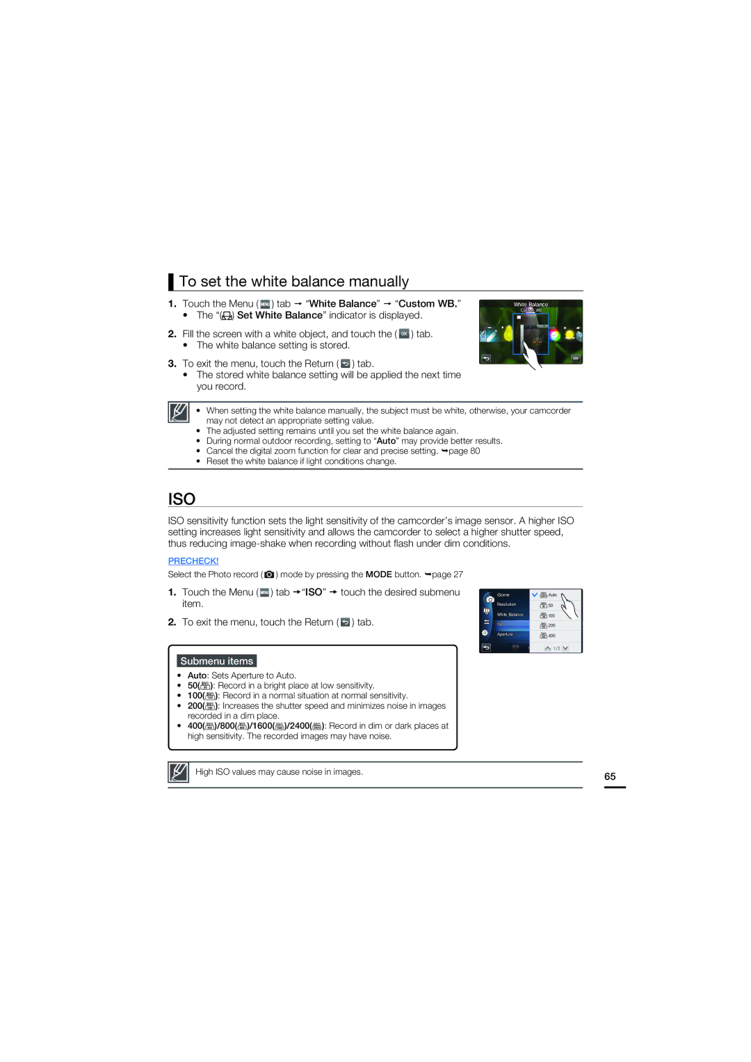 Samsung HMX-S10BN/XAA, HMX-S15BN/XAA Iso, To set the white balance manually 