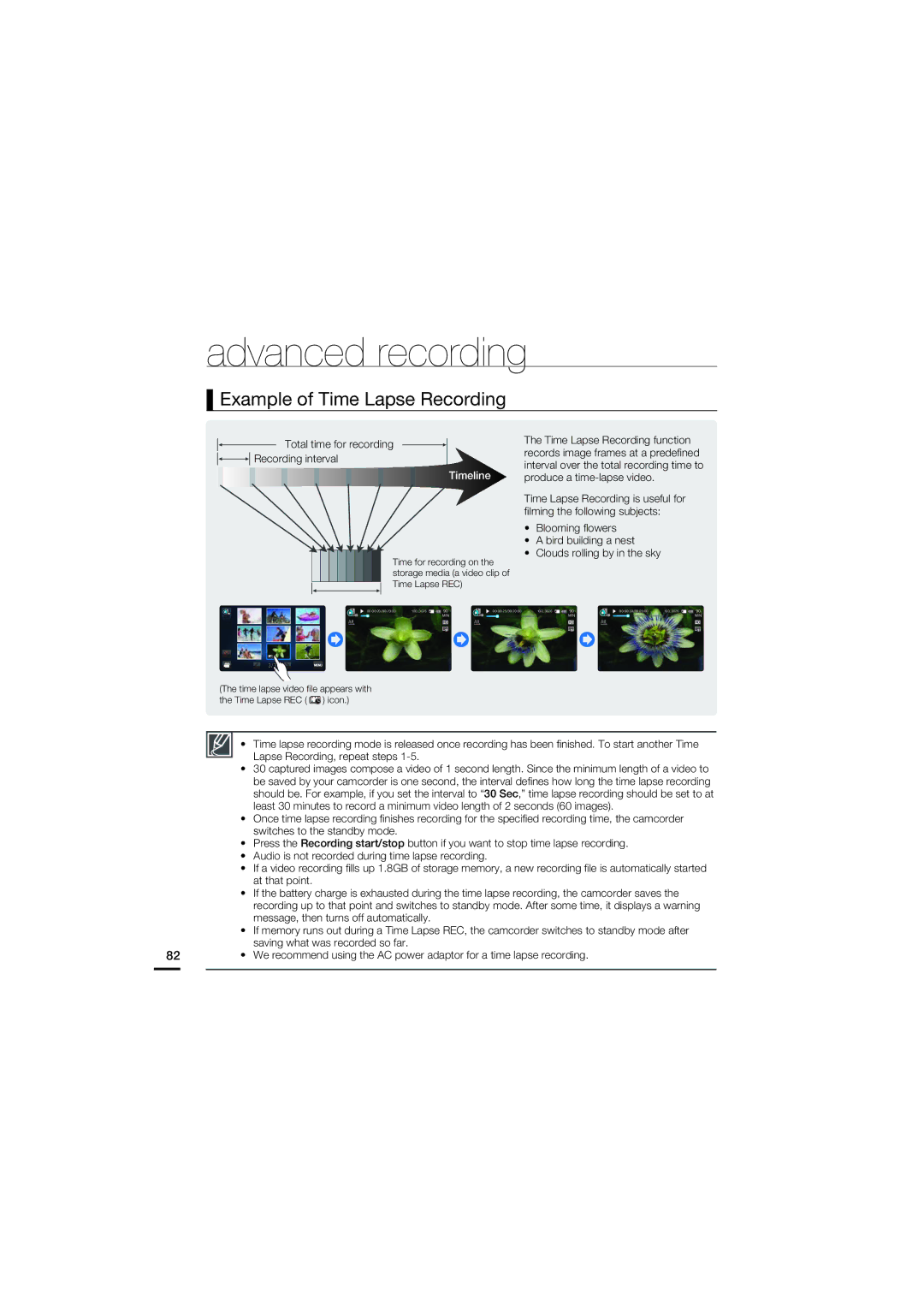 Samsung HMX-S15BN/XAA, HMX-S10BN/XAA manual Example of Time Lapse Recording, Timeline 