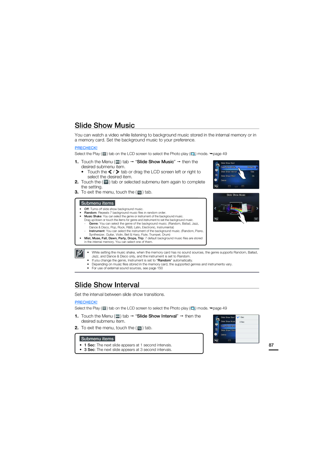 Samsung HMX-S10BN/XAA manual Slide Show Music, Slide Show Interval, Set the interval between slide show transitions 