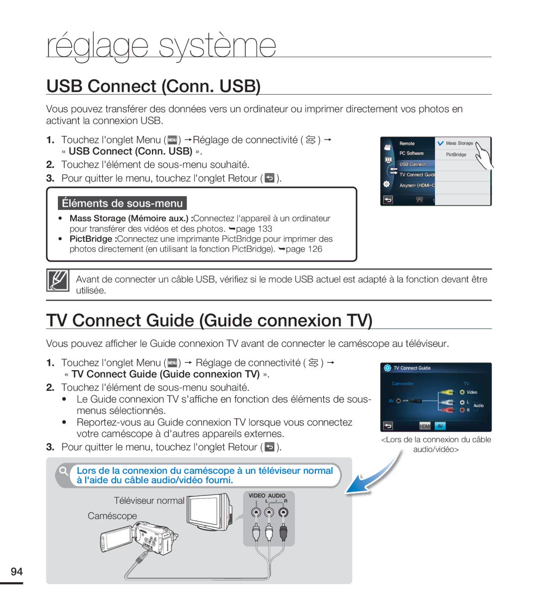 Samsung HMX-S15BN/XAA manual USB Connect Conn. USB, TV Connect Guide Guide connexion TV, Téléviseur normal Caméscope 