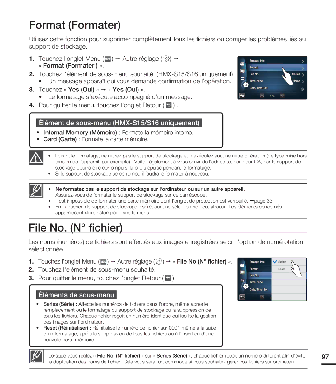 Samsung HMX-S10BN/XAA, HMX-S15BN/XAA manual Format Formater, File No. N ﬁchier, Élément de sous-menu HMX-S15/S16 uniquement 