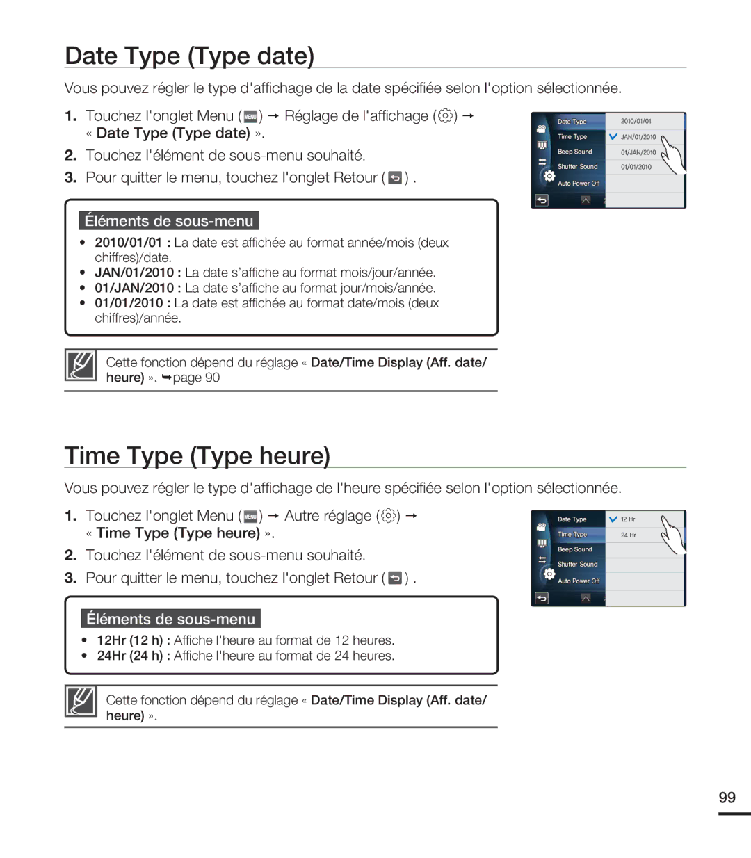 Samsung HMX-S10BN/XAA, HMX-S15BN/XAA manual Date Type Type date, Time Type Type heure 