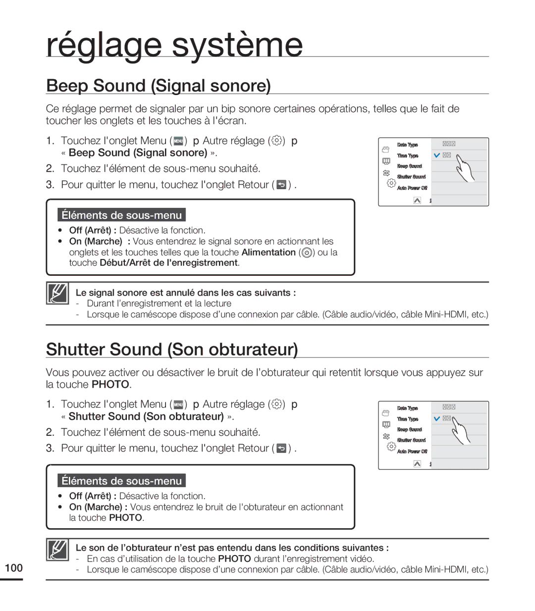 Samsung HMX-S15BN/XAA, HMX-S10BN/XAA manual Beep Sound Signal sonore, Shutter Sound Son obturateur 