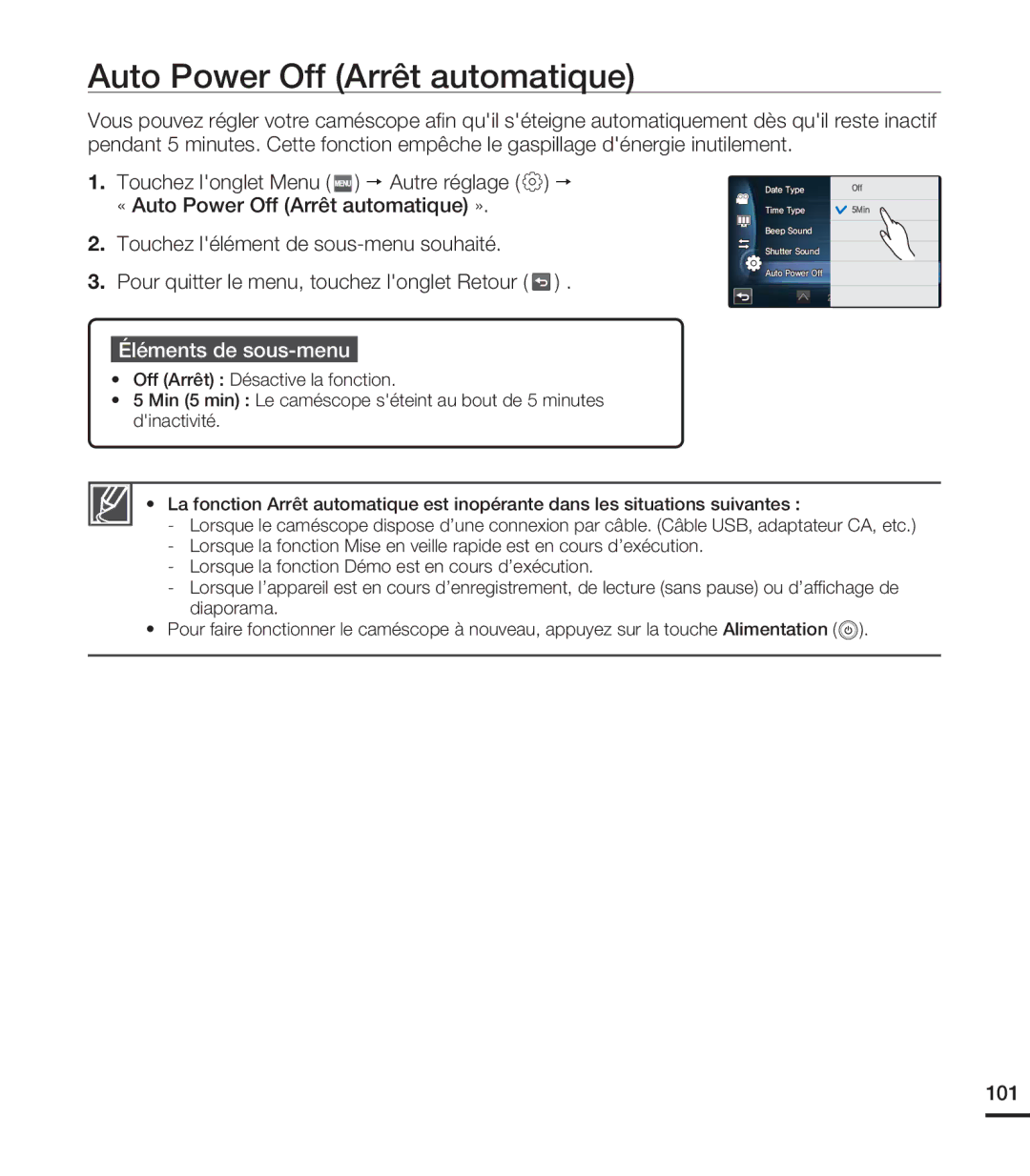 Samsung HMX-S10BN/XAA, HMX-S15BN/XAA manual Auto Power Off Arrêt automatique, 101 