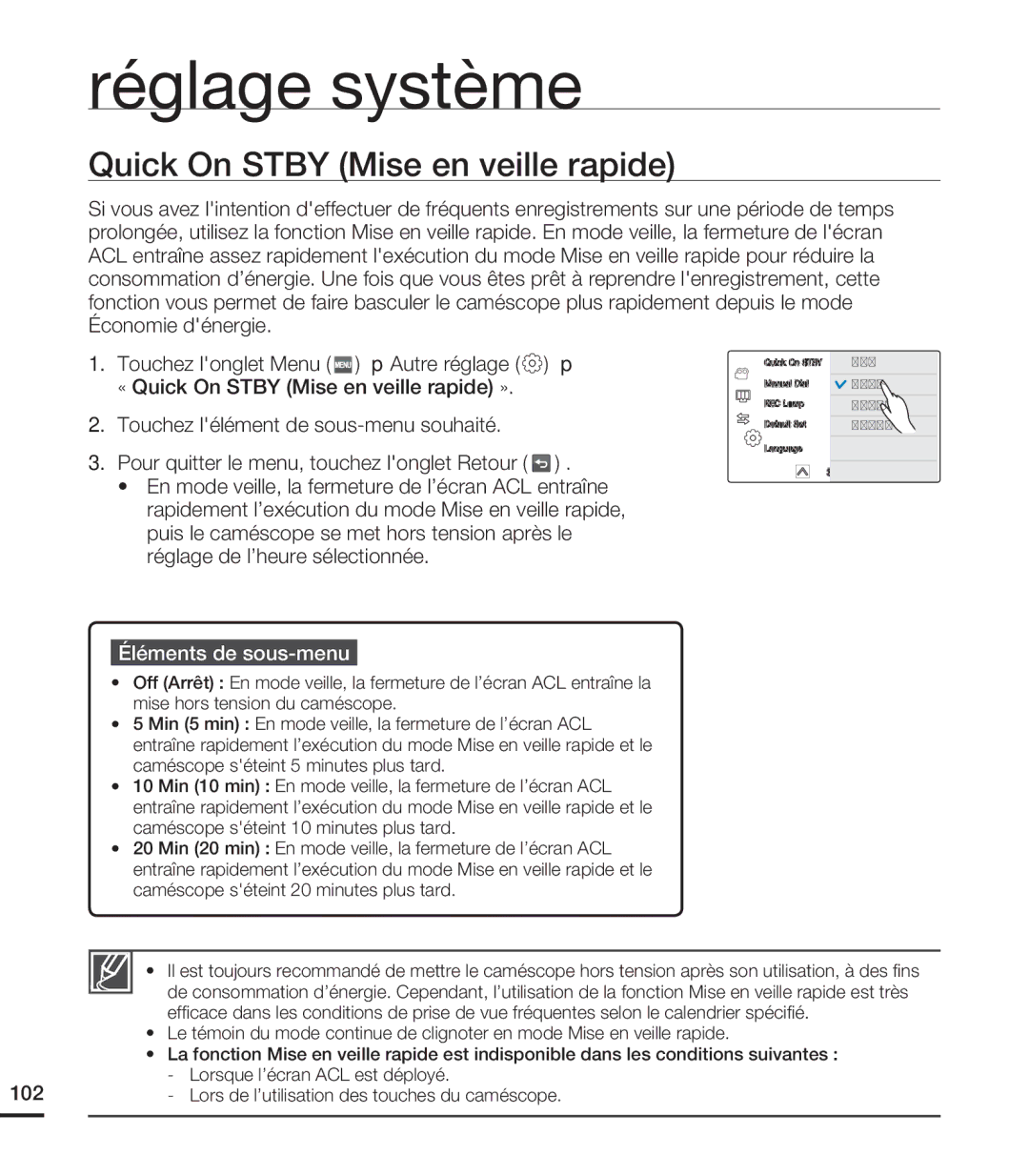 Samsung HMX-S15BN/XAA, HMX-S10BN/XAA manual Quick On Stby Mise en veille rapide 