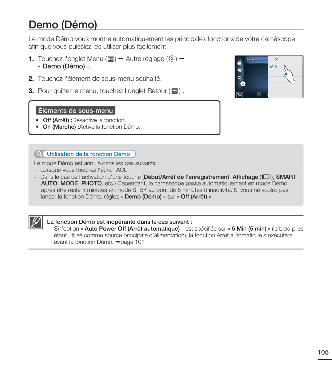 Samsung HMX-S10BN/XAA, HMX-S15BN/XAA manual Demo Démo, 105 