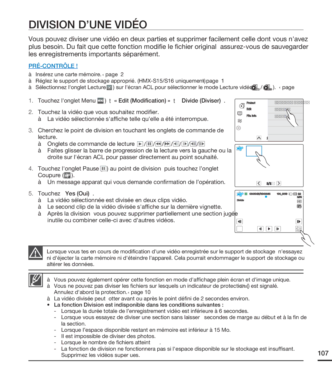 Samsung HMX-S10BN/XAA, HMX-S15BN/XAA manual Division D’UNE Vidéo, 107 