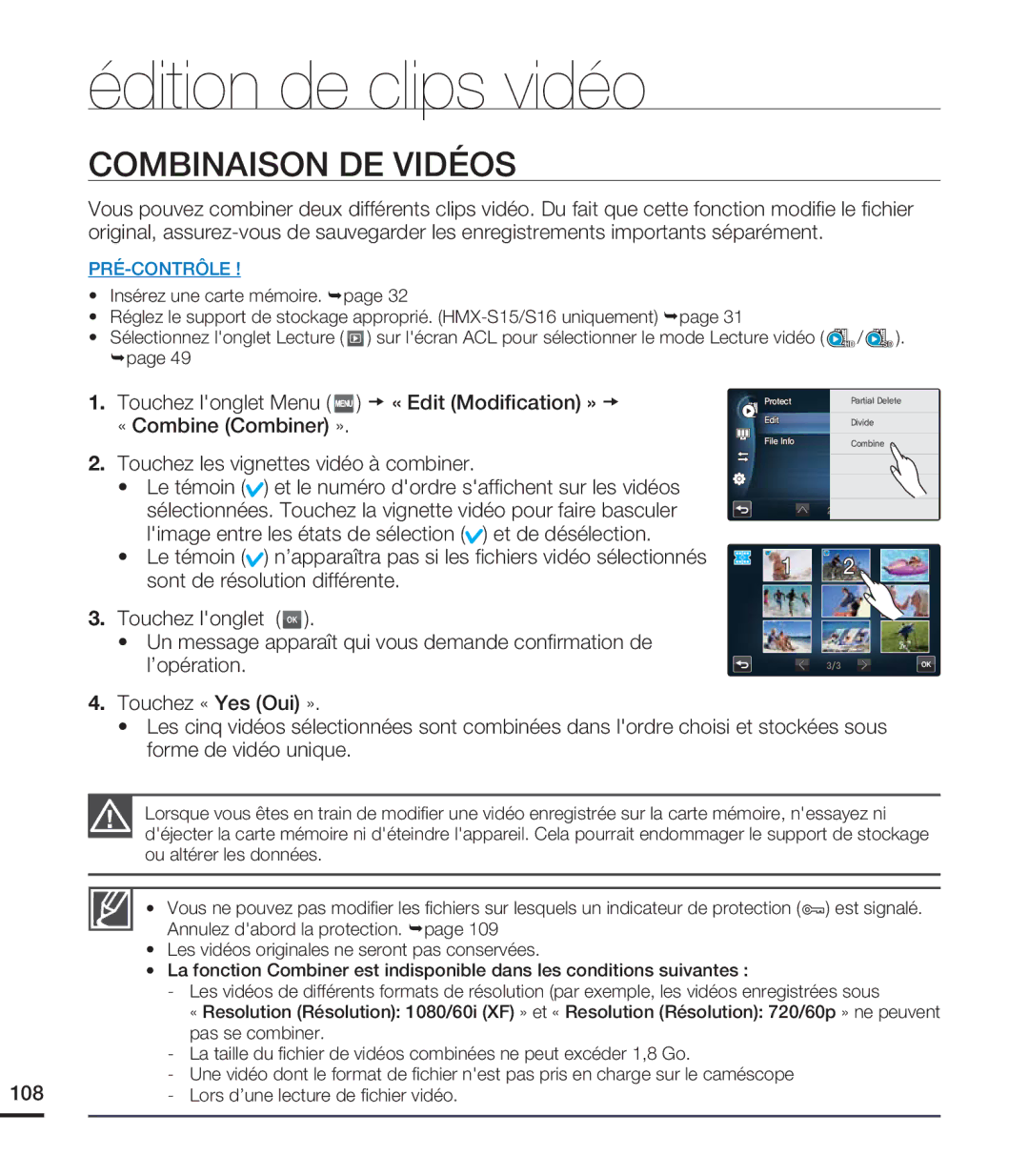 Samsung HMX-S15BN/XAA, HMX-S10BN/XAA manual Combinaison DE Vidéos 