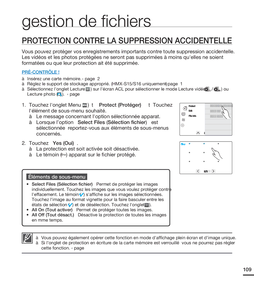 Samsung HMX-S10BN/XAA, HMX-S15BN/XAA manual Gestion de ﬁchiers, Protection Contre LA Suppression Accidentelle, 109 