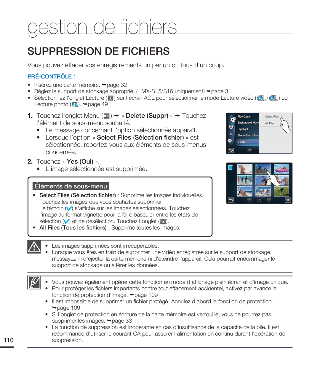 Samsung HMX-S15BN/XAA, HMX-S10BN/XAA manual Suppression DE Fichiers 