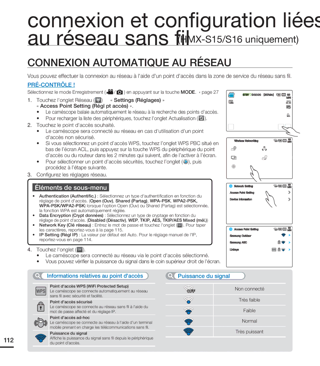 Samsung HMX-S15BN/XAA manual Connexion et conﬁguration liées, Connexion Automatique AU Réseau, Touchez longlet OK, 112 