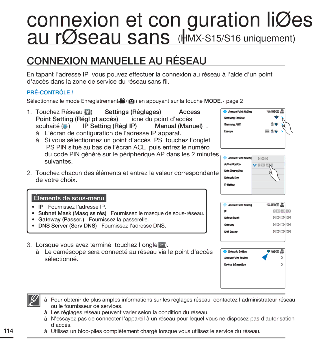 Samsung HMX-S15BN/XAA, HMX-S10BN/XAA manual Connexion Manuelle AU Réseau 