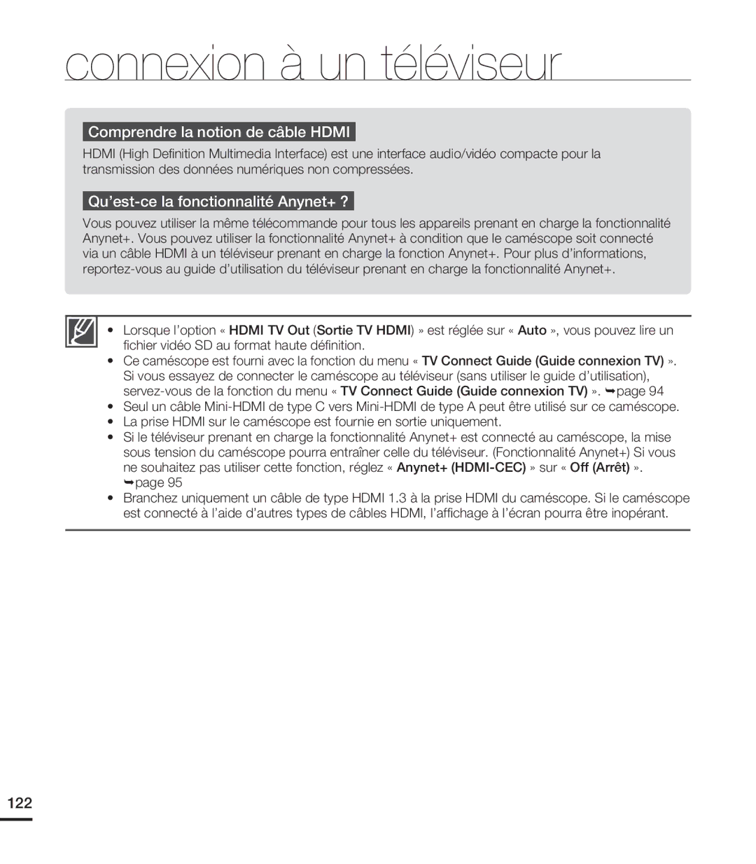 Samsung HMX-S15BN/XAA, HMX-S10BN/XAA manual Comprendre la notion de câble Hdmi, Qu’est-ce la fonctionnalité Anynet+ ?, 122 