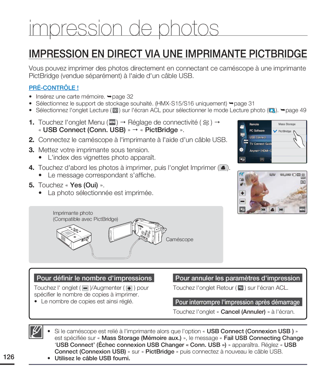 Samsung HMX-S15BN/XAA, HMX-S10BN/XAA manual Impression de photos, Impression EN Direct VIA UNE Imprimante Pictbridge 