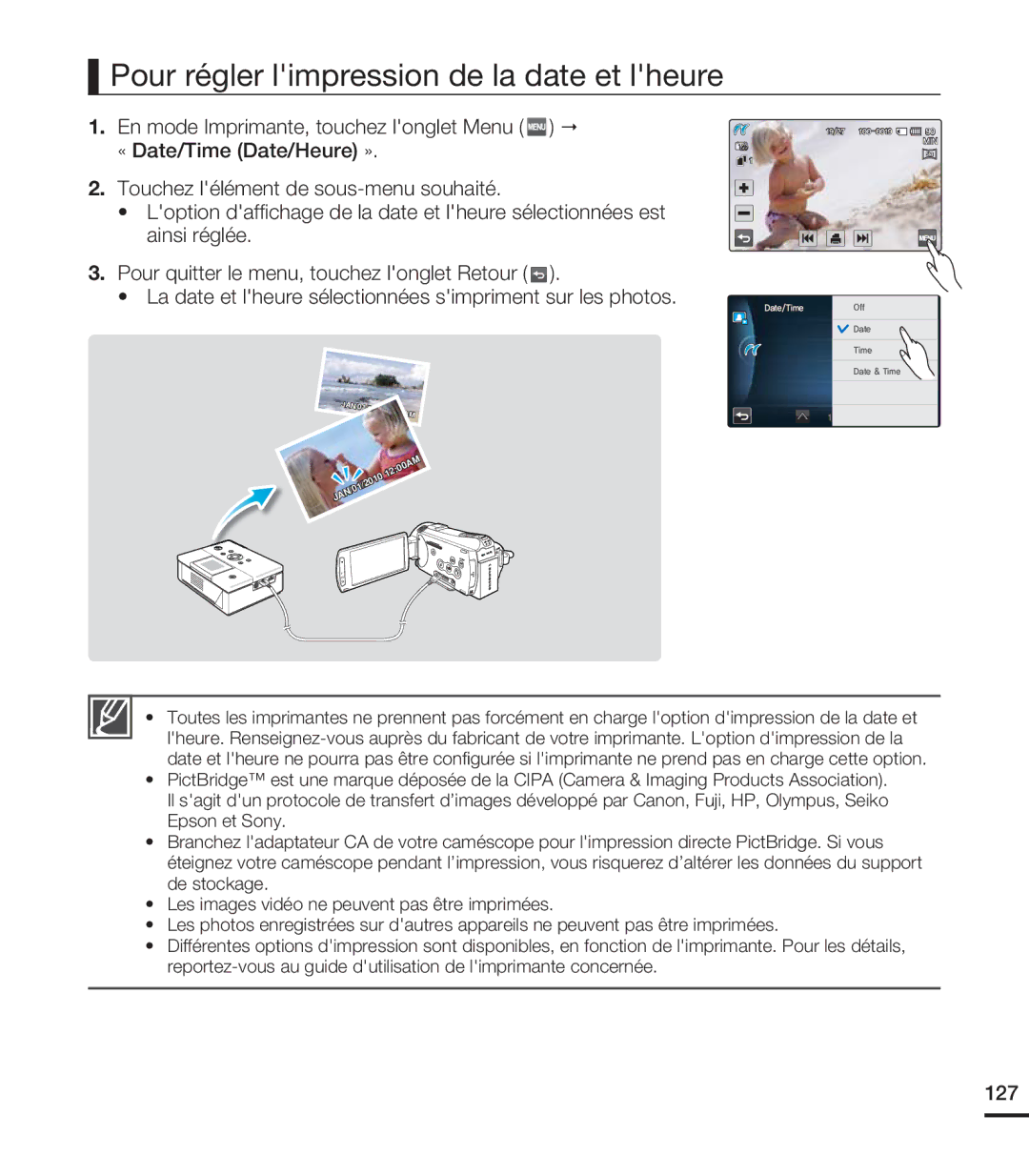 Samsung HMX-S10BN/XAA, HMX-S15BN/XAA manual Pour régler limpression de la date et lheure, 127 