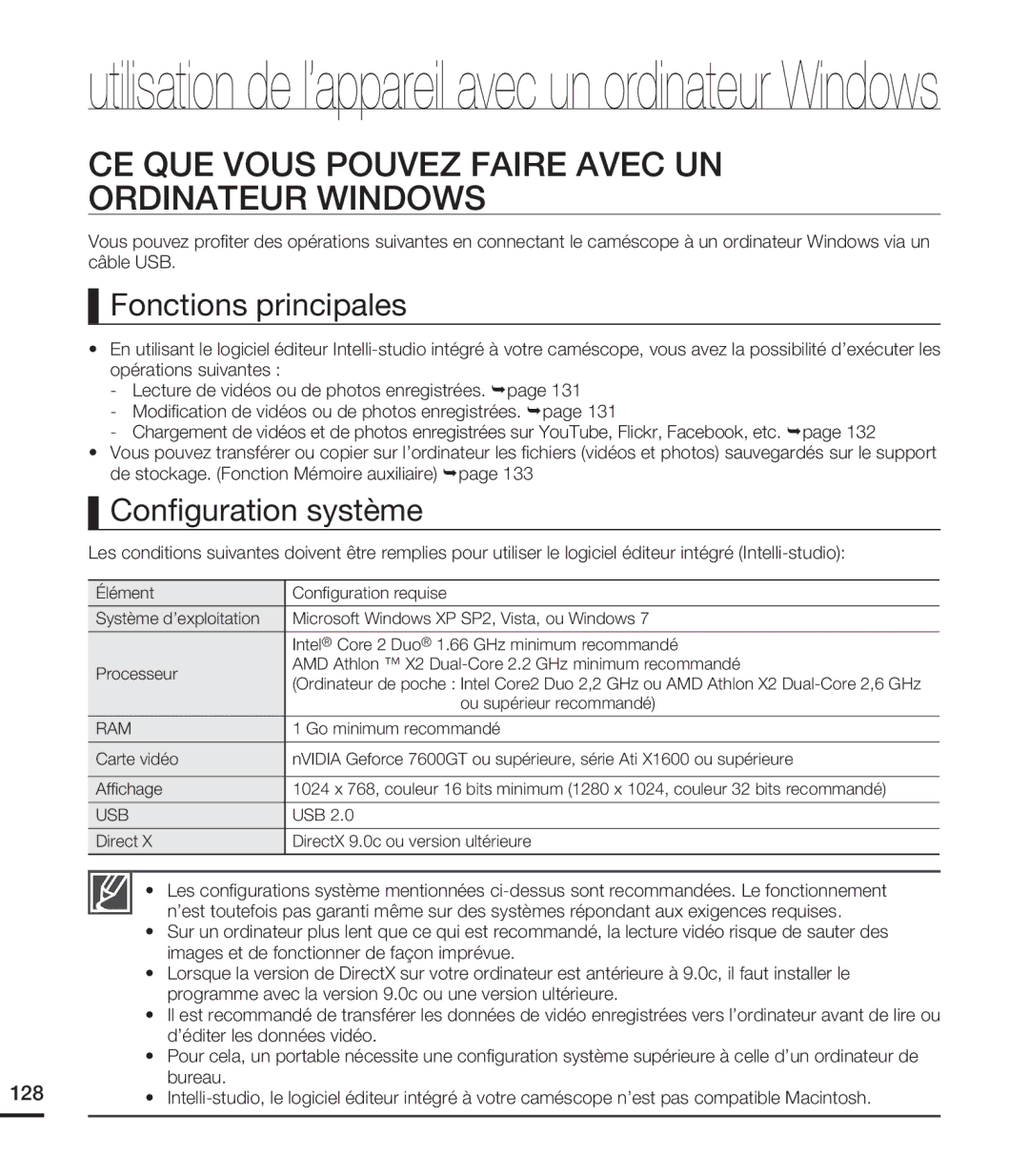 Samsung HMX-S15BN/XAA CE QUE Vous Pouvez Faire Avec UN Ordinateur Windows, Fonctions principales, Conﬁguration système 