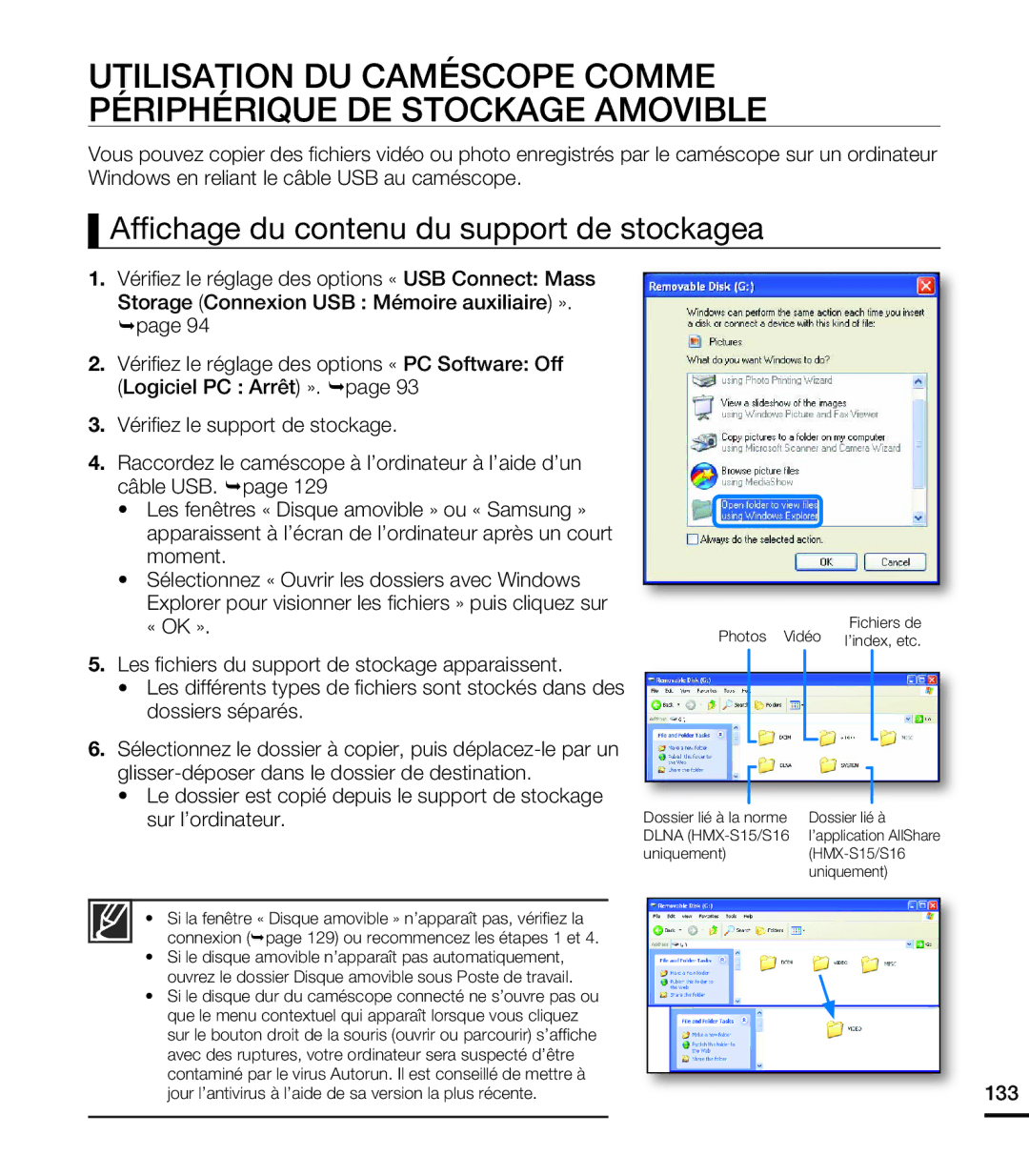 Samsung HMX-S10BN/XAA, HMX-S15BN/XAA manual Afﬁchage du contenu du support de stockagea 