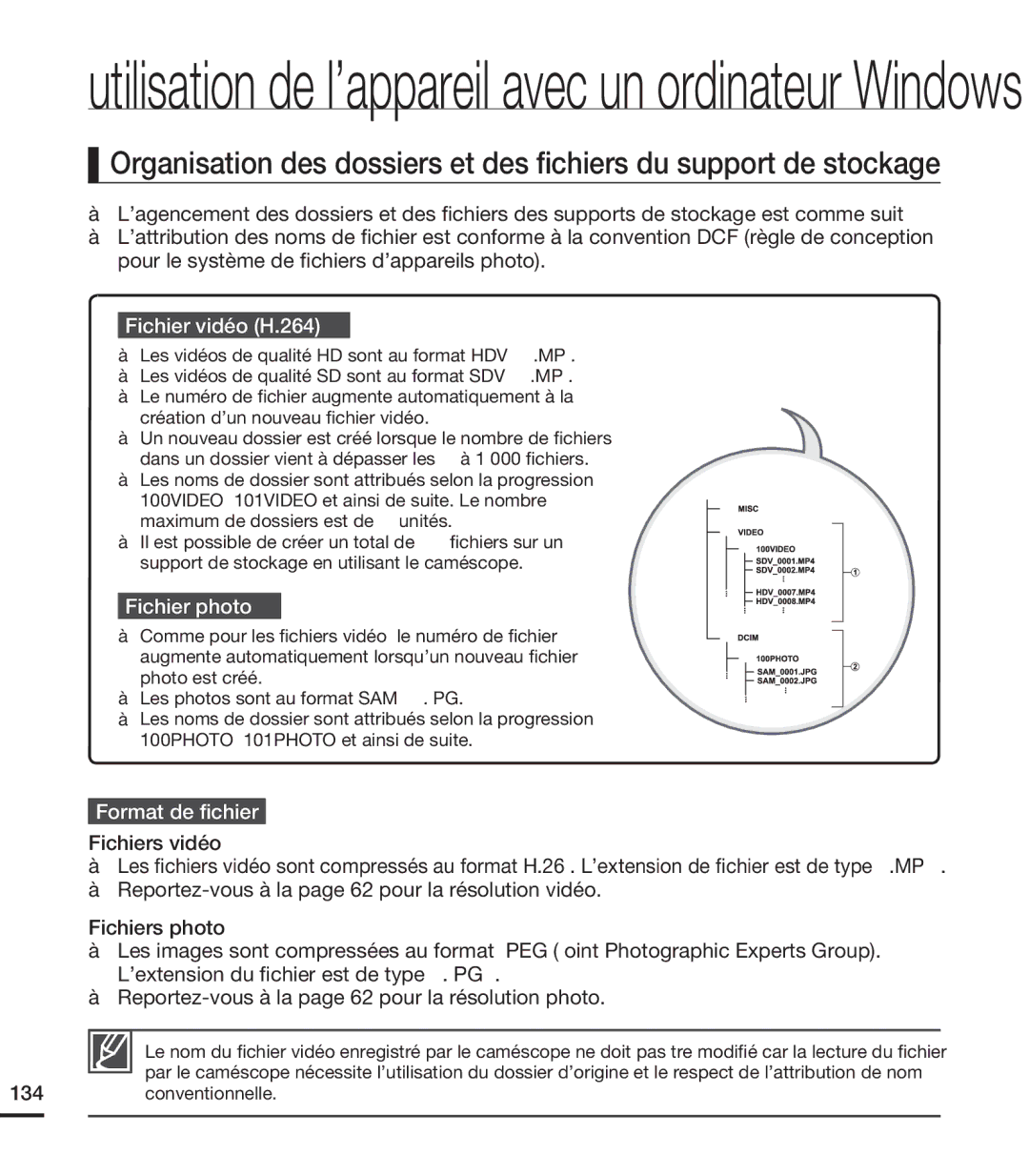 Samsung HMX-S15BN/XAA, HMX-S10BN/XAA manual Fichier vidéo H.264 ➀, Fichier photo ➁, Format de ﬁchier, Conventionnelle 