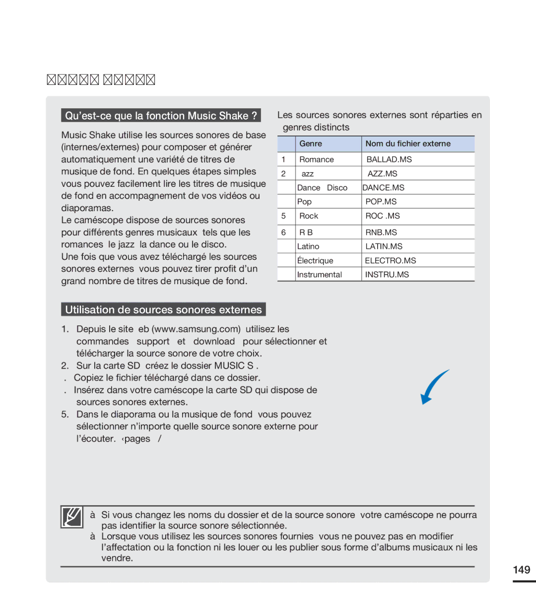 Samsung HMX-S10BN/XAA, HMX-S15BN/XAA Qu’est-ce que la fonction Music Shake ?, Utilisation de sources sonores externes, 149 