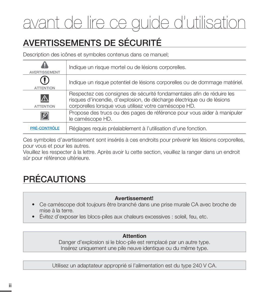 Samsung HMX-S15BN/XAA, HMX-S10BN/XAA manual Avertissements DE Sécurité, Précautions, Le caméscope HD 