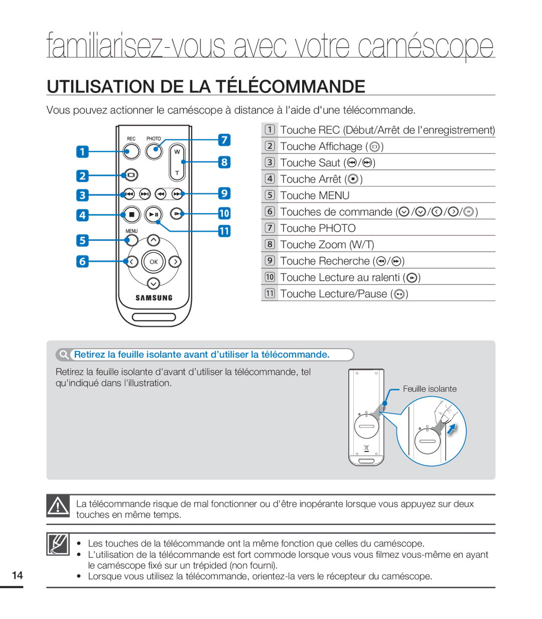 Samsung HMX-S15BN/XAA, HMX-S10BN/XAA manual Utilisation DE LA Télécommande, Touche Lecture/Pause 