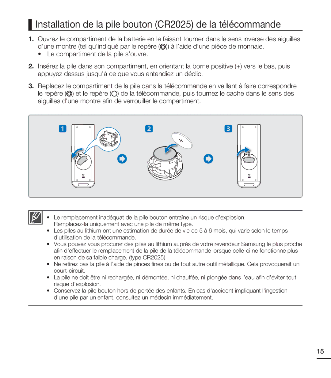 Samsung HMX-S10BN/XAA, HMX-S15BN/XAA manual Installation de la pile bouton CR2025 de la télécommande 