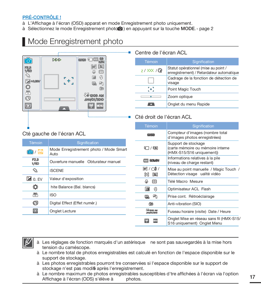 Samsung HMX-S10BN/XAA Mode Enregistrement photo, Côté gauche de lécran ACL, Afﬁchage à lécran ODS sélève à « 9999 » photos 