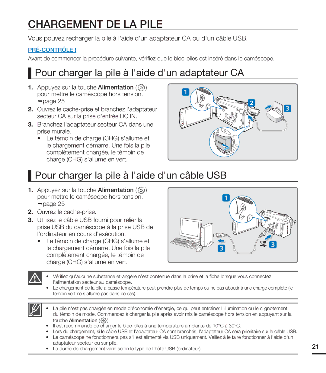 Samsung HMX-S10BN/XAA, HMX-S15BN/XAA manual Chargement DE LA Pile, Pour charger la pile à laide dun adaptateur CA 