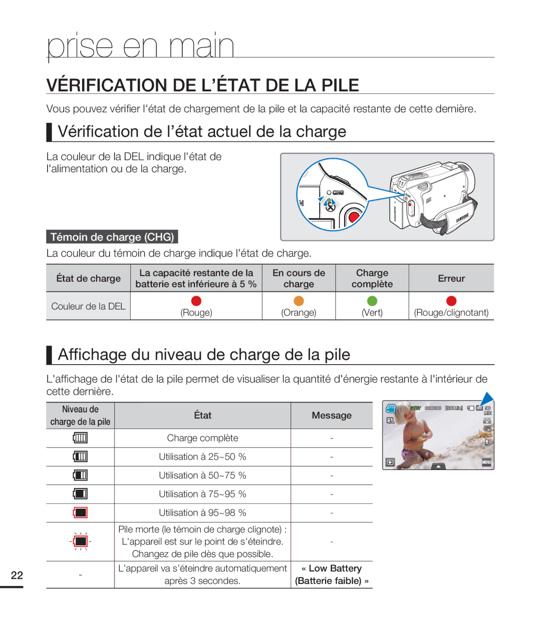 Samsung HMX-S15BN/XAA Vérification DE L’ÉTAT DE LA Pile, Vériﬁcation de l’état actuel de la charge, Témoin de charge CHG 